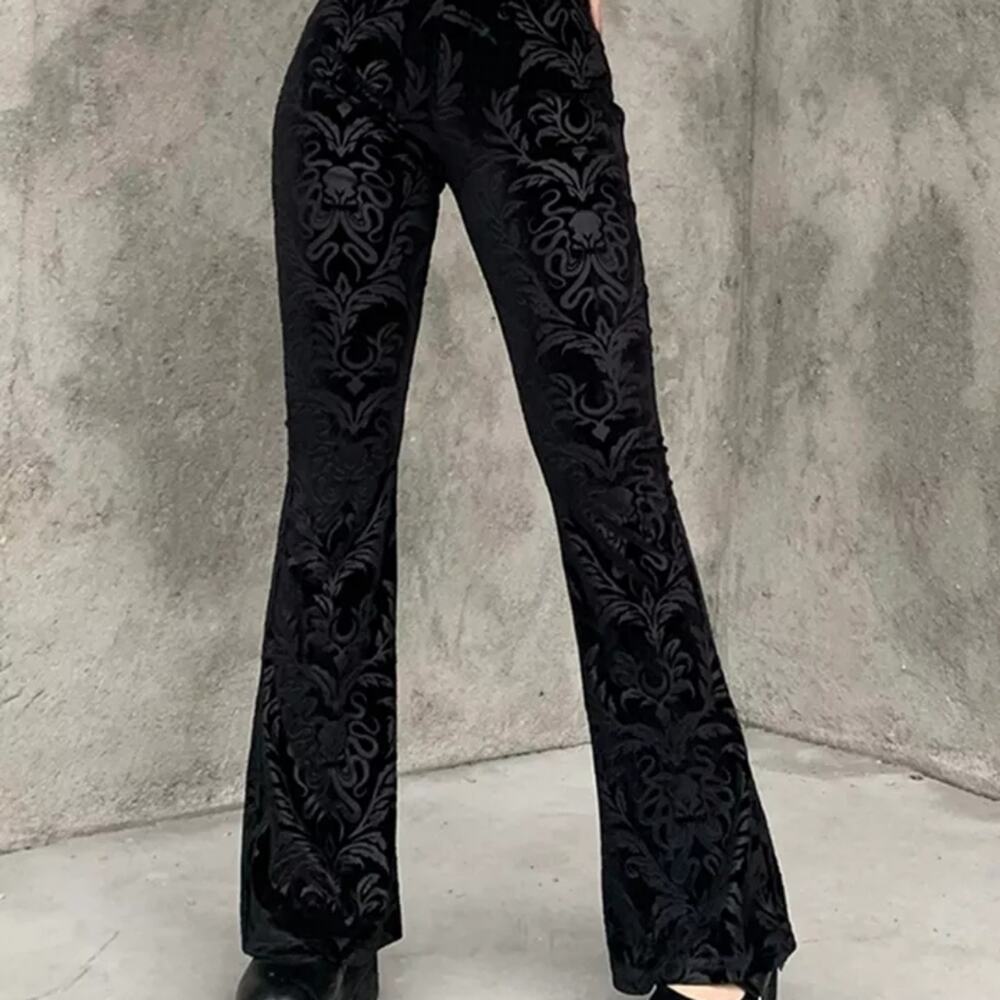 NWT Large Black Velour Damask Brocade Goth Cthulhu Flares - Picture 9 of 12